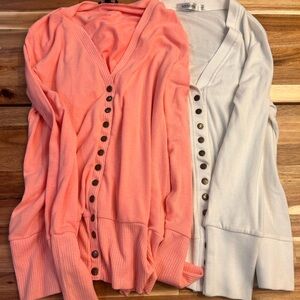 Women's Button-Up Sweater - Coral and White